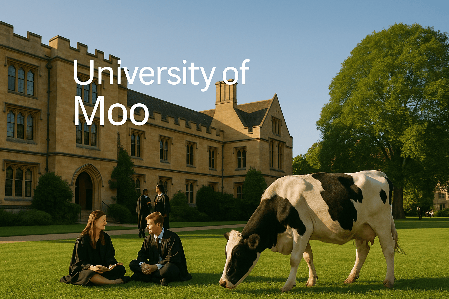 Students studying with campus cow at University of Moo